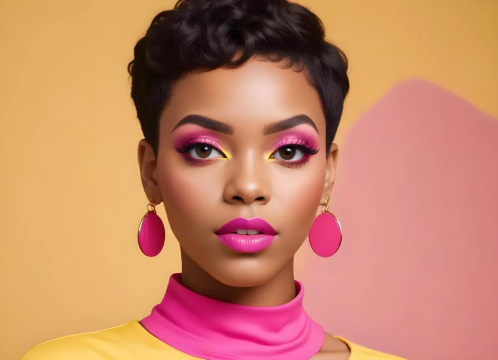 Black Woman With Short Hair Approximately 25 Years Old Wearing Bold Makeup With Pink Eyeshadow And Deep Pink Lipstick She Has Large Earrings And Is Dressed In A Yellow Top The Background Is A Solid Yellow Color 87 8c73
