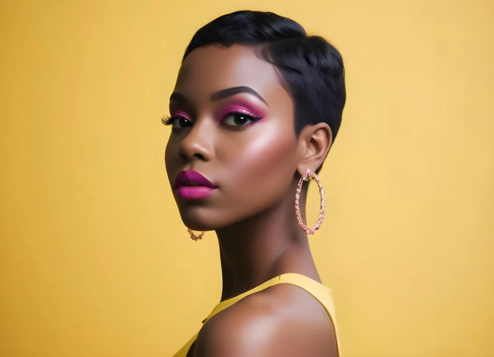 Black Woman With Short Hair Approximately 25 Years Old Wearing Bold Makeup With Pink Eyeshadow And Deep Pink Lipstick She Has Large Earrings And Is Dressed In A Yellow Top The Background Is A Solid Yellow Color 97 62f6