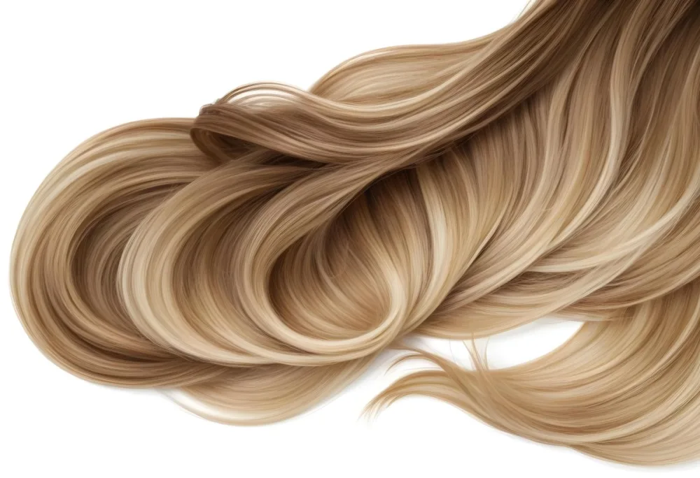 Blonde And Brown Hair Strands White Roots Golden Highlights Shiny Texture Flowing And Curled Isolated On A White Background 17 02d2