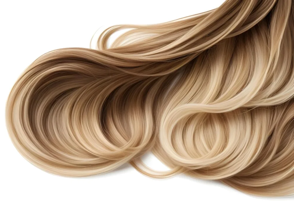 Blonde And Brown Hair Strands White Roots Golden Highlights Shiny Texture Flowing And Curled Isolated On A White Background 19