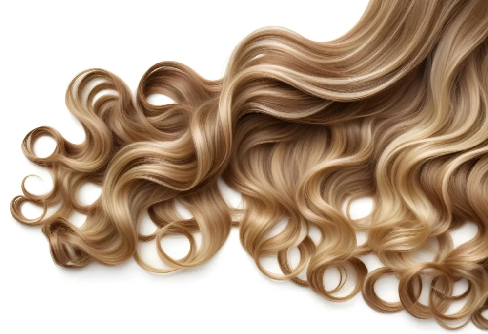 Blonde And Brown Hair Strands White Roots Golden Highlights Shiny Texture Flowing And Curled Isolated On A White Background 25
