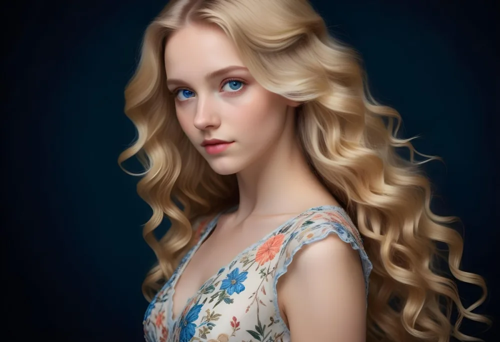 Blonde Girl With Long Wavy Hair And Blue Eyes Wearing A Light Colored Intricately Designed Dress With Floral Details The Background Is Dark Emphasizing Her Features And The Elegance Of Her Outfit 10 0f3c