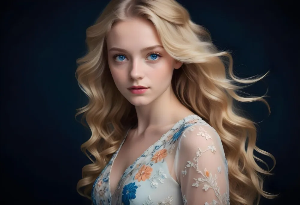 Blonde Girl With Long Wavy Hair And Blue Eyes Wearing A Light Colored Intricately Designed Dress With Floral Details The Background Is Dark Emphasizing Her Features And The Elegance Of Her Outfit 13 747f