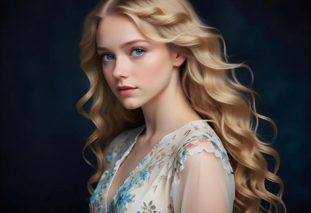 Blonde Girl With Long Wavy Hair And Blue Eyes Wearing A Light Colored Intricately Designed Dress With Floral Details The Background Is Dark Emphasizing Her Features And The Elegance Of Her Outfit 19 420c