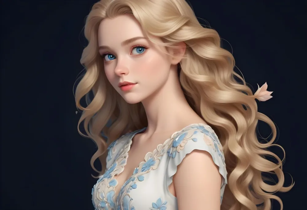 Blonde Girl With Long Wavy Hair And Blue Eyes Wearing A Light Colored Intricately Designed Dress With Floral Details The Background Is Dark Emphasizing Her Features And The Elegance Of Her Outfit 27 7887