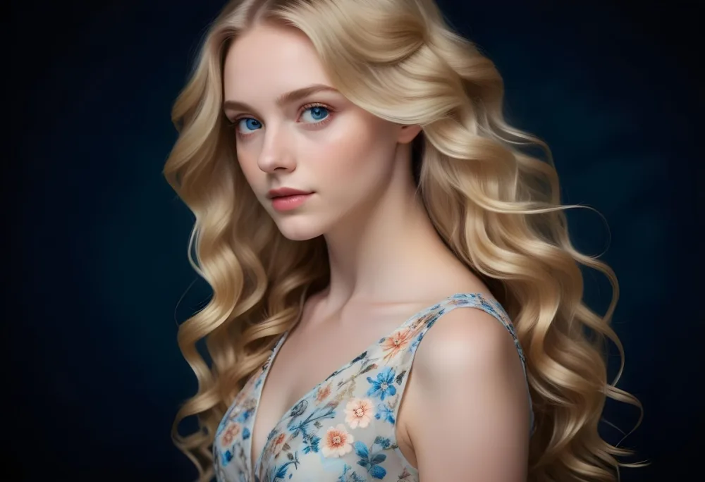 Blonde Girl With Long Wavy Hair And Blue Eyes Wearing A Light Colored Intricately Designed Dress With Floral Details The Background Is Dark Emphasizing Her Features And The Elegance Of Her Outfit 3 2f9a