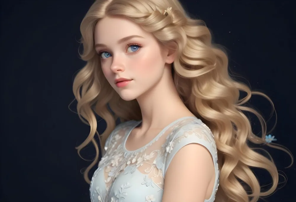 Blonde Girl With Long Wavy Hair And Blue Eyes Wearing A Light Colored Intricately Designed Dress With Floral Details The Background Is Dark Emphasizing Her Features And The Elegance Of Her Outfit 33 8de4