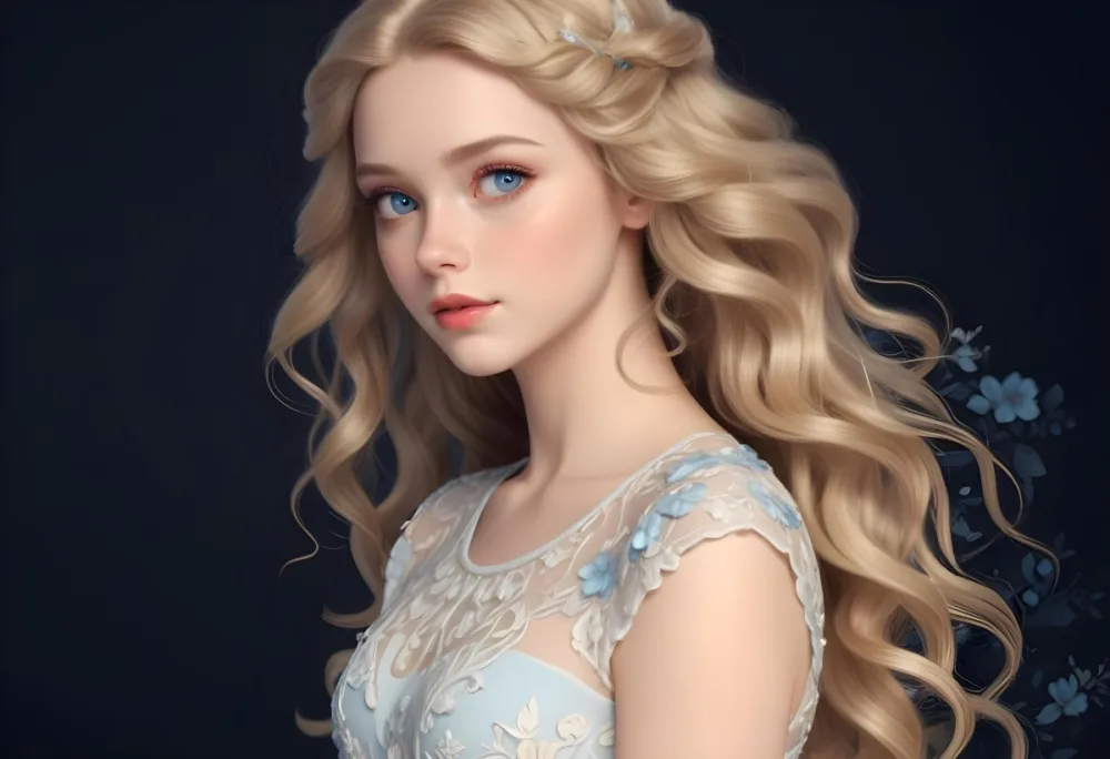 Blonde Girl With Long Wavy Hair And Blue Eyes Wearing A Light Colored Intricately Designed Dress With Floral Details The Background Is Dark Emphasizing Her Features And The Elegance Of Her Outfit 36 F02a