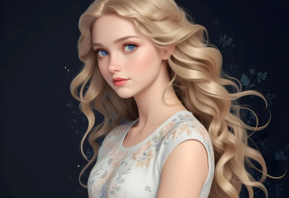 Blonde Girl With Long Wavy Hair And Blue Eyes Wearing A Light Colored Intricately Designed Dress With Floral Details The Background Is Dark Emphasizing Her Features And The Elegance Of Her Outfit 44 1dc4
