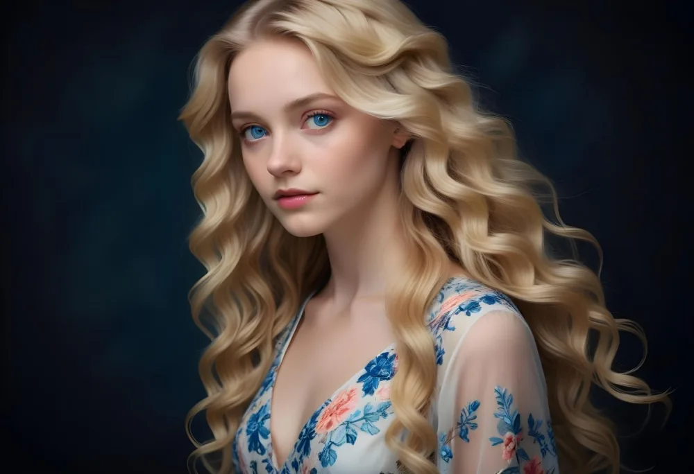 Blonde Girl With Long Wavy Hair And Blue Eyes Wearing A Light Colored Intricately Designed Dress With Floral Details The Background Is Dark Emphasizing Her Features And The Elegance Of Her Outfit 53 Cff2