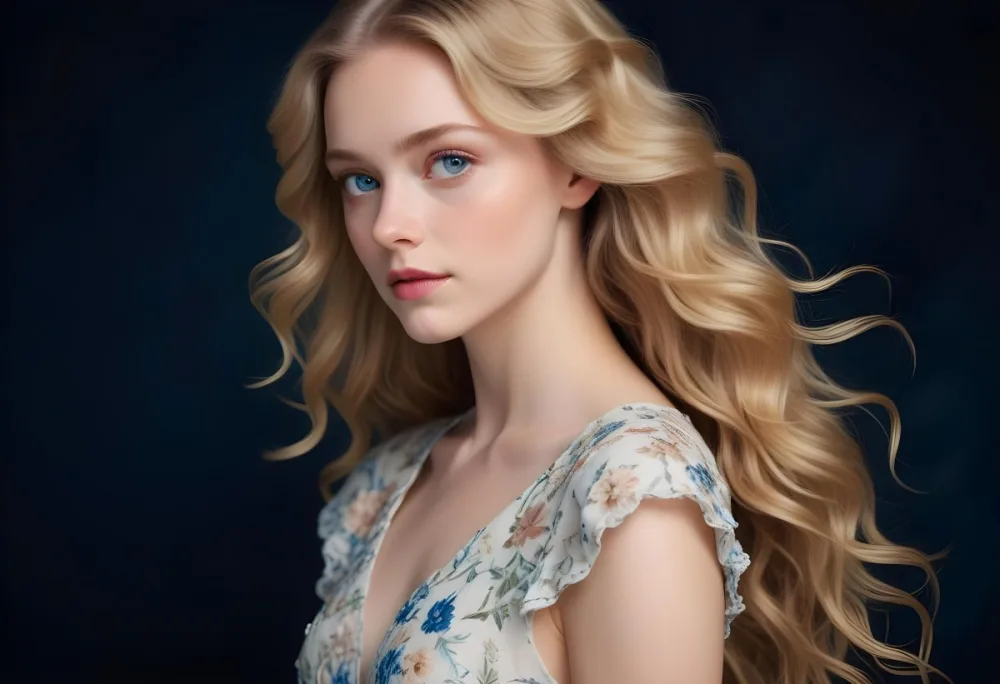 Blonde Girl With Long Wavy Hair And Blue Eyes Wearing A Light Colored Intricately Designed Dress With Floral Details The Background Is Dark Emphasizing Her Features And The Elegance Of Her Outfit 56 Ccd9