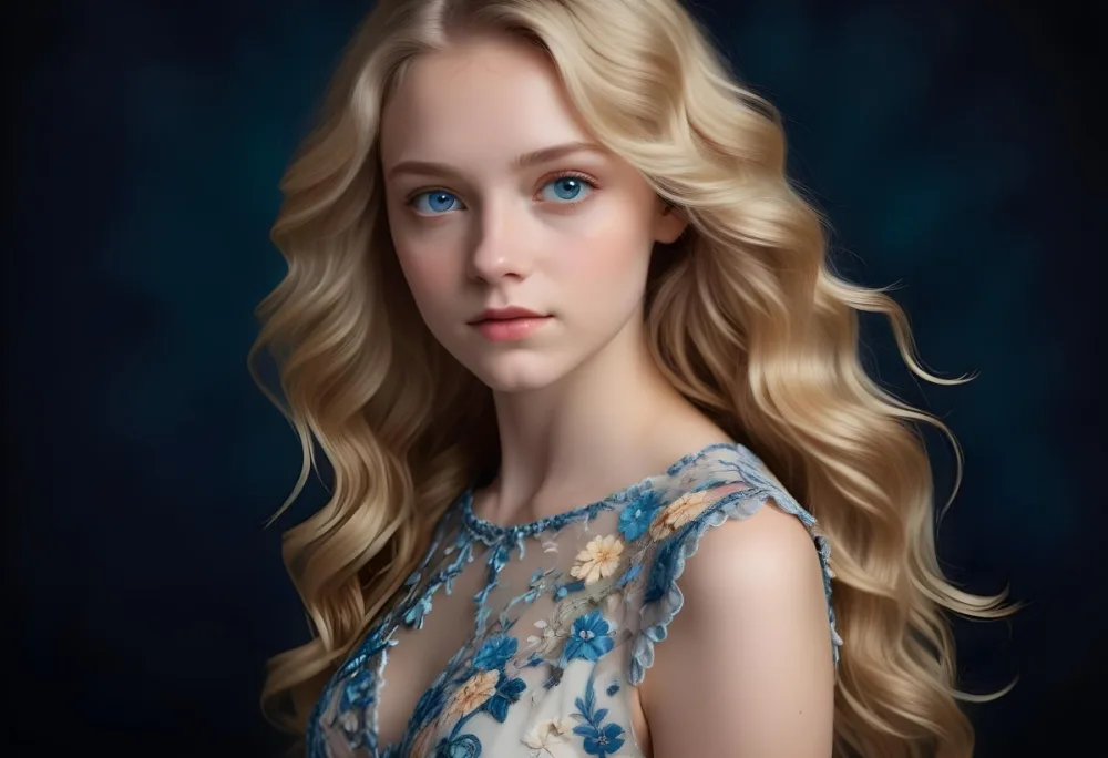 Blonde Girl With Long Wavy Hair And Blue Eyes Wearing A Light Colored Intricately Designed Dress With Floral Details The Background Is Dark Emphasizing Her Features And The Elegance Of Her Outfit 60 8cd7
