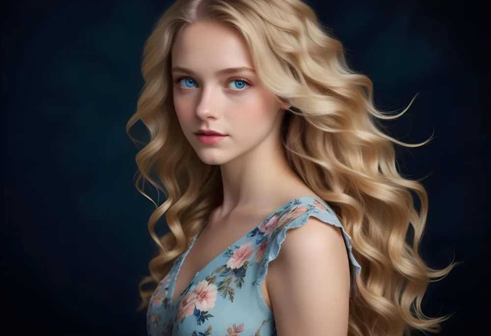 Blonde Girl With Long Wavy Hair And Blue Eyes Wearing A Light Colored Intricately Designed Dress With Floral Details The Background Is Dark Emphasizing Her Features And The Elegance Of Her Outfit 64 C175