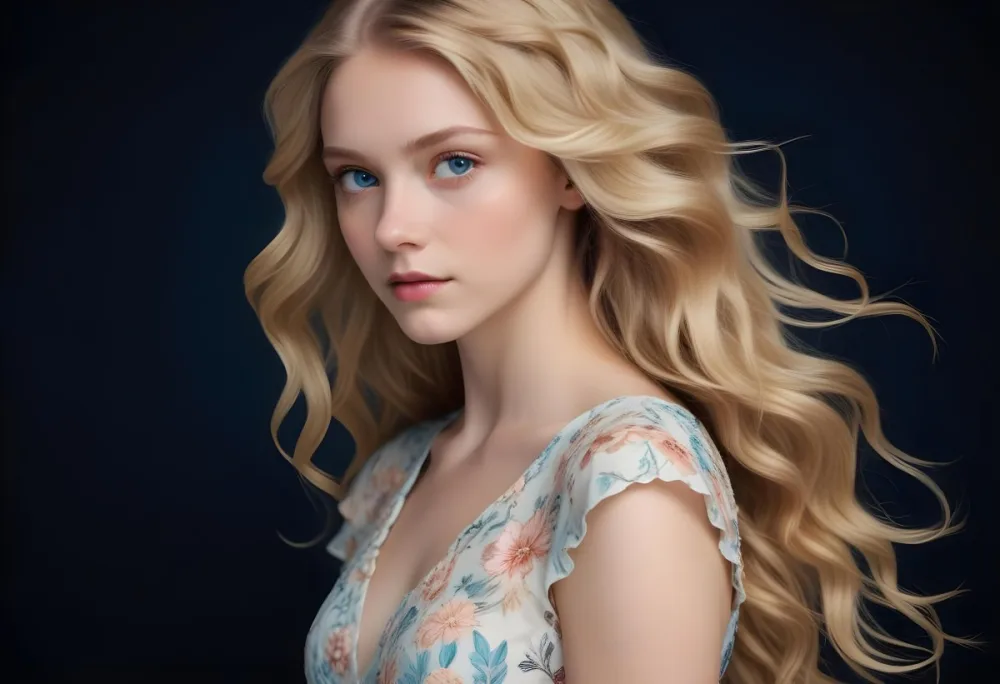 Blonde Girl With Long Wavy Hair And Blue Eyes Wearing A Light Colored Intricately Designed Dress With Floral Details The Background Is Dark Emphasizing Her Features And The Elegance Of Her Outfit 65 8db0