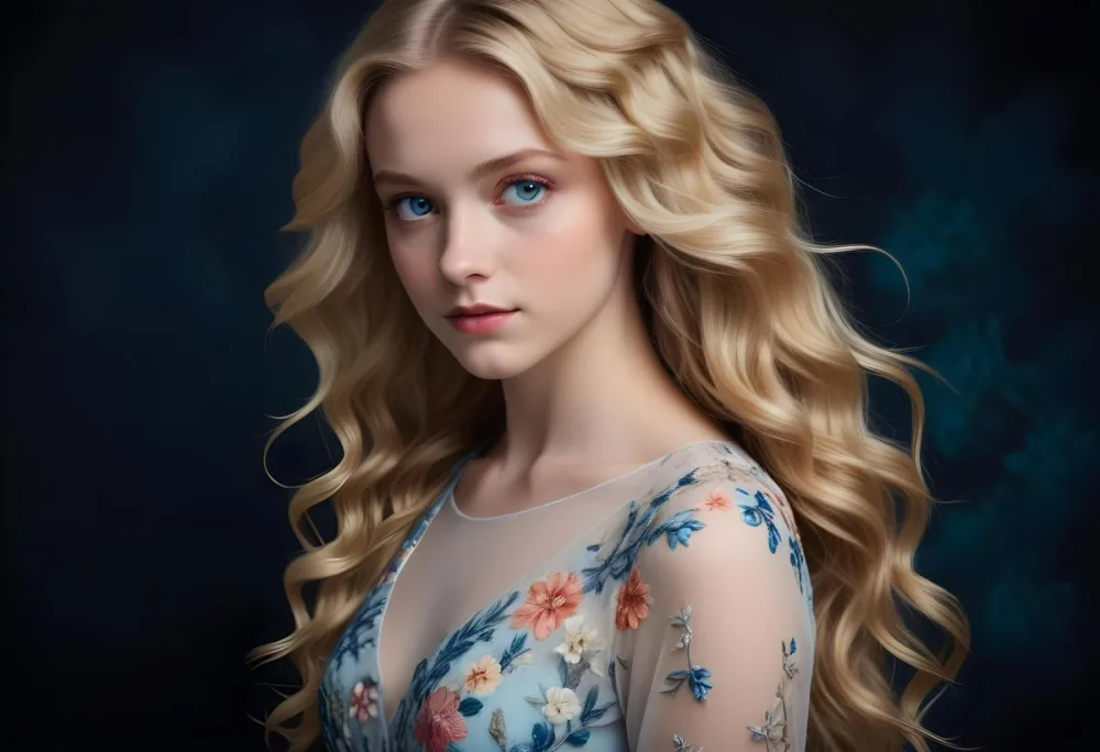 Blonde Girl With Long Wavy Hair And Blue Eyes Wearing A Light Colored Intricately Designed Dress With Floral Details The Background Is Dark Emphasizing Her Features And The Elegance Of Her Outfit 70 7d3a