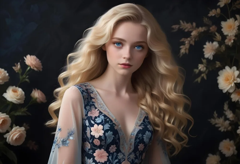 Blonde Girl With Long Wavy Hair And Blue Eyes Wearing A Light Colored Intricately Designed Dress With Floral Details The Background Is Dark Emphasizing Her Features And The Elegance Of Her Outfit 79 6b62