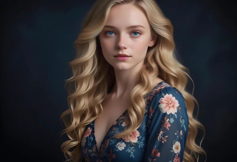 Blonde Girl With Long Wavy Hair And Blue Eyes Wearing A Light Colored Intricately Designed Dress With Floral Details The Background Is Dark Emphasizing Her Features And The Elegance Of Her Outfit 8 6d74