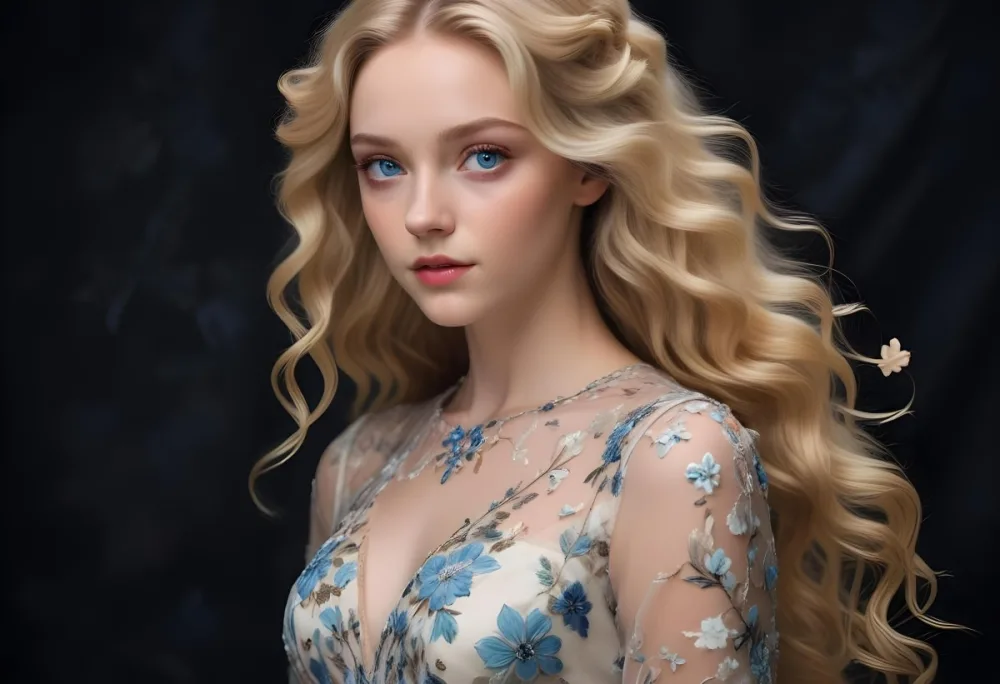 Blonde Girl With Long Wavy Hair And Blue Eyes Wearing A Light Colored Intricately Designed Dress With Floral Details The Background Is Dark Emphasizing Her Features And The Elegance Of Her Outfit 85 B84c