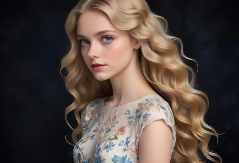 Blonde Girl With Long Wavy Hair And Blue Eyes Wearing A Light Colored Intricately Designed Dress With Floral Details The Background Is Dark Emphasizing Her Features And The Elegance Of Her Outfit 95 D8dc