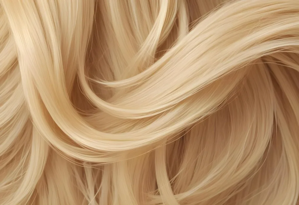 Blonde Hair Strands Light Golden Color Smooth Texture Flowing Pattern Close Up View Detailed Hair Fibers Natural Highlights Natural Lighting Clean Background 22 9c8a