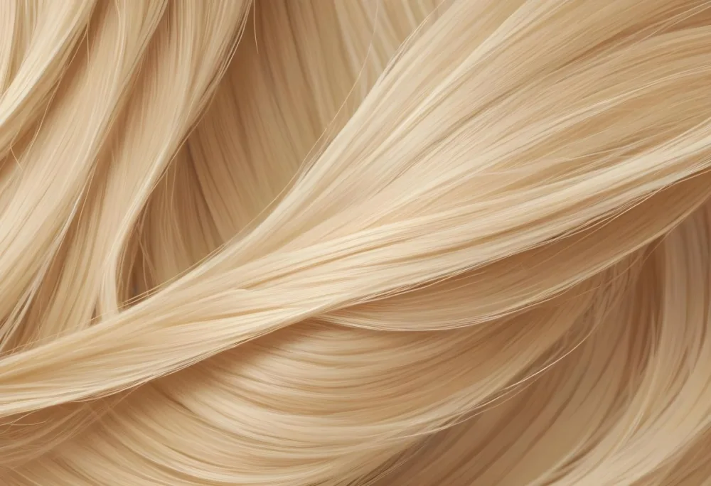 Blonde Hair Strands Light Golden Color Smooth Texture Flowing Pattern Close Up View Detailed Hair Fibers Natural Highlights Natural Lighting Clean Background 26 7f28