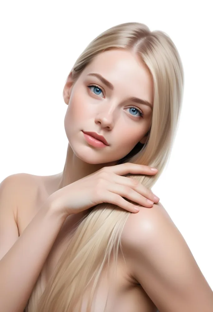 Blonde Woman In Her 20s With Fair Skin And Blue Eyes Gently Holding Her Long Straight Hair With One Hand While Looking Directly At The Camera The Background Is Plain White 13 648b