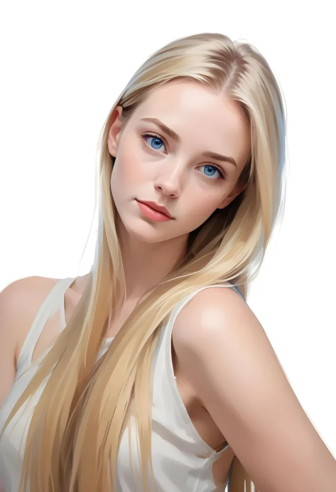 Blonde Woman In Her 20s With Fair Skin And Blue Eyes Gently Holding Her Long Straight Hair With One Hand While Looking Directly At The Camera The Background Is Plain White 15 1a41