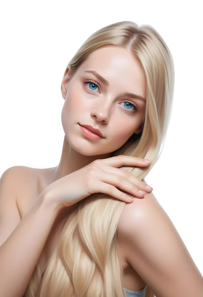 Blonde Woman In Her 20s With Fair Skin And Blue Eyes Gently Holding Her Long Straight Hair With One Hand While Looking Directly At The Camera The Background Is Plain White 28 21de