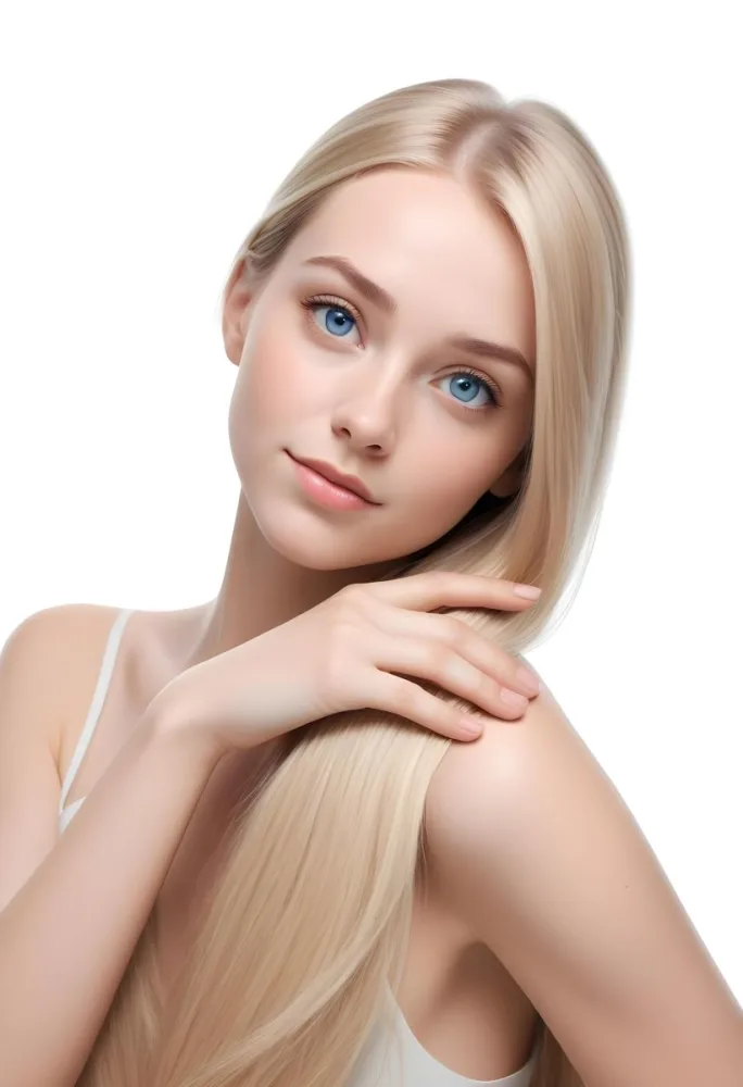 Blonde Woman In Her 20s With Fair Skin And Blue Eyes Gently Holding Her Long Straight Hair With One Hand While Looking Directly At The Camera The Background Is Plain White 33 04f8