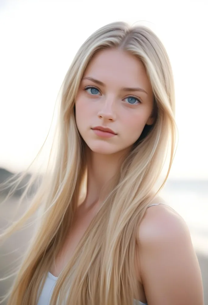 Blonde Woman In Her 20s With Fair Skin And Blue Eyes Gently Holding Her Long Straight Hair With One Hand While Looking Directly At The Camera The Background Is Plain White 43 B0d4