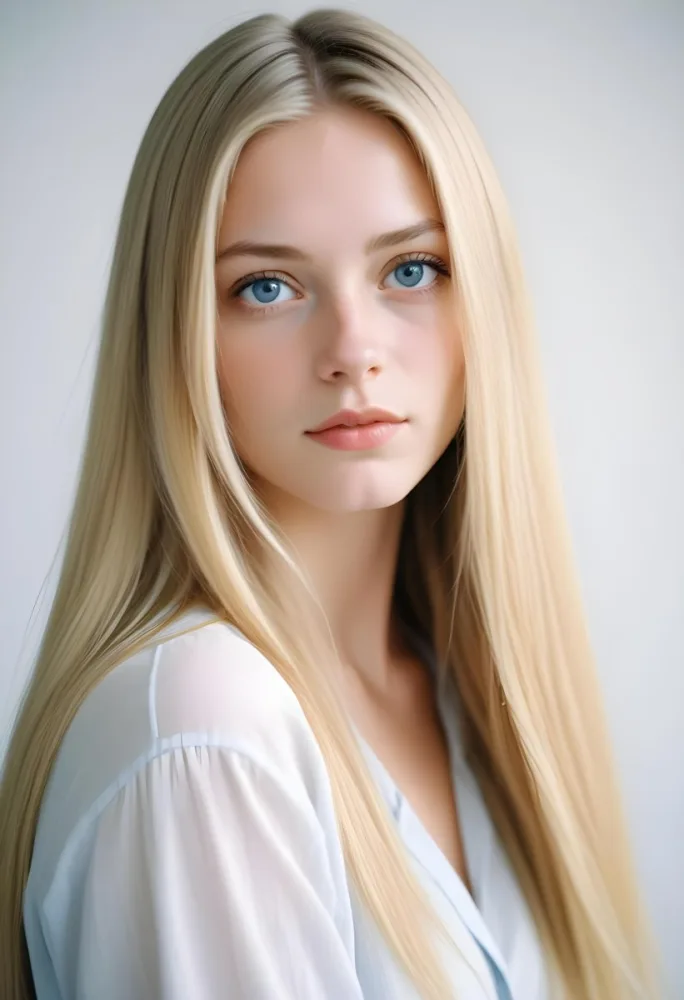 Blonde Woman In Her 20s With Fair Skin And Blue Eyes Gently Holding Her Long Straight Hair With One Hand While Looking Directly At The Camera The Background Is Plain White 44 D574