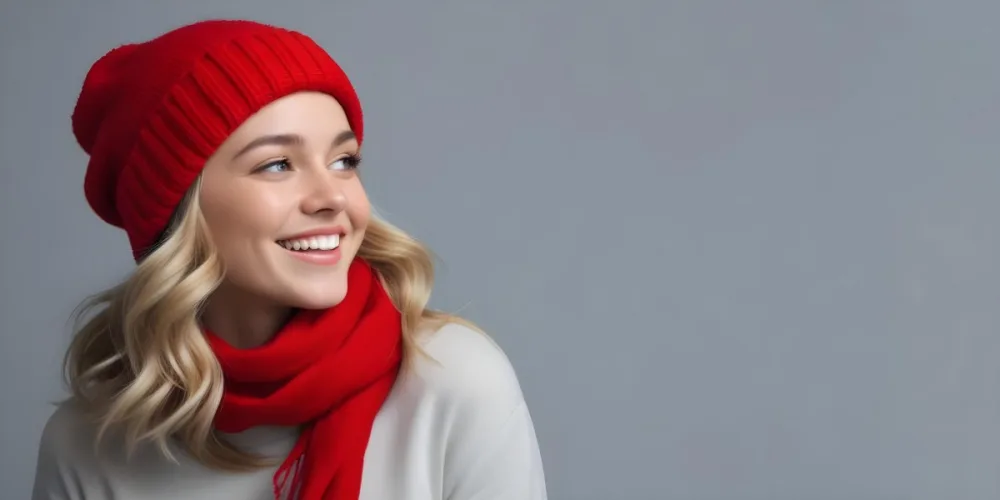 Blonde Woman In Her 20s With Fair Skin Wearing A Red Knit Beanie And A Matching Red Scarf Smiling Brightly Against A Gray Background 105 6ec8