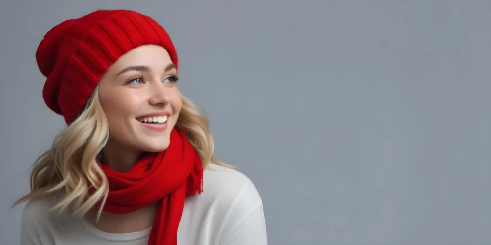 Blonde Woman In Her 20s With Fair Skin Wearing A Red Knit Beanie And A Matching Red Scarf Smiling Brightly Against A Gray Background 108 50bc