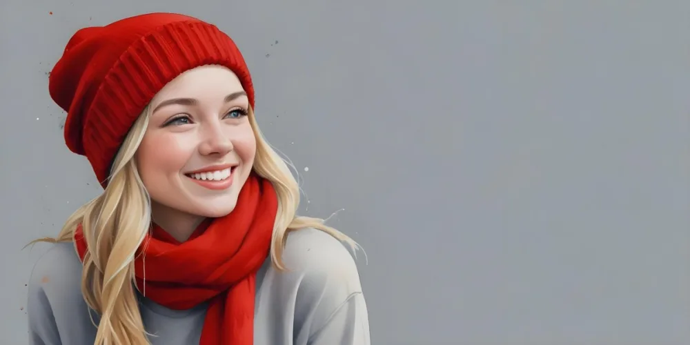 Blonde Woman In Her 20s With Fair Skin Wearing A Red Knit Beanie And A Matching Red Scarf Smiling Brightly Against A Gray Background 2 1904