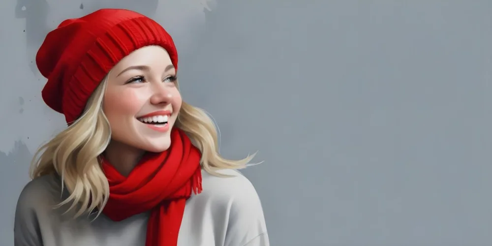 Blonde Woman In Her 20s With Fair Skin Wearing A Red Knit Beanie And A Matching Red Scarf Smiling Brightly Against A Gray Background 24 706c