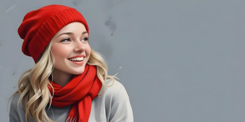Blonde Woman In Her 20s With Fair Skin Wearing A Red Knit Beanie And A Matching Red Scarf Smiling Brightly Against A Gray Background 33 3fdd