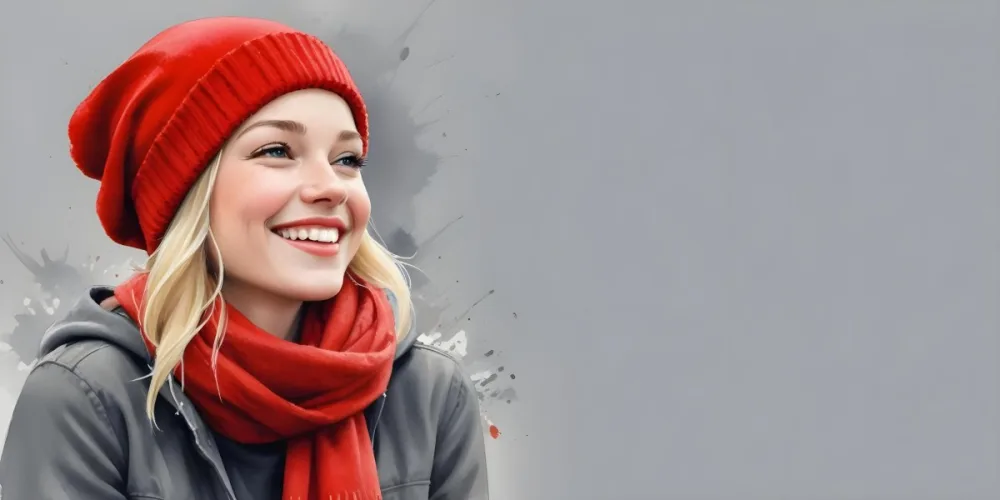 Blonde Woman In Her 20s With Fair Skin Wearing A Red Knit Beanie And A Matching Red Scarf Smiling Brightly Against A Gray Background 36 2855