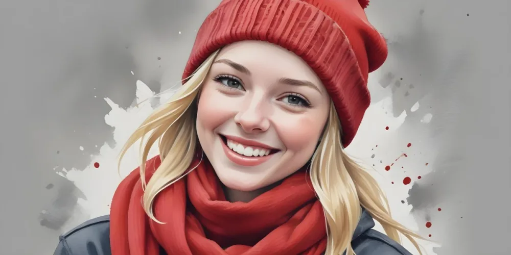 Blonde Woman In Her 20s With Fair Skin Wearing A Red Knit Beanie And A Matching Red Scarf Smiling Brightly Against A Gray Background 47 009a