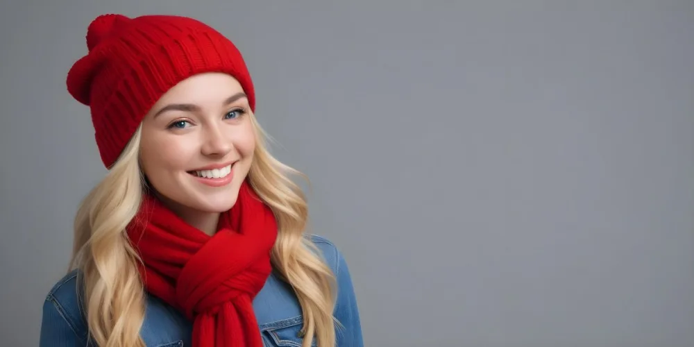 Blonde Woman In Her 20s With Fair Skin Wearing A Red Knit Beanie And A Matching Red Scarf Smiling Brightly Against A Gray Background 53 Faa3