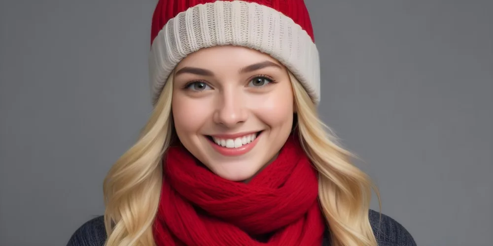 Blonde Woman In Her 20s With Fair Skin Wearing A Red Knit Beanie And A Matching Red Scarf Smiling Brightly Against A Gray Background 60 6e34
