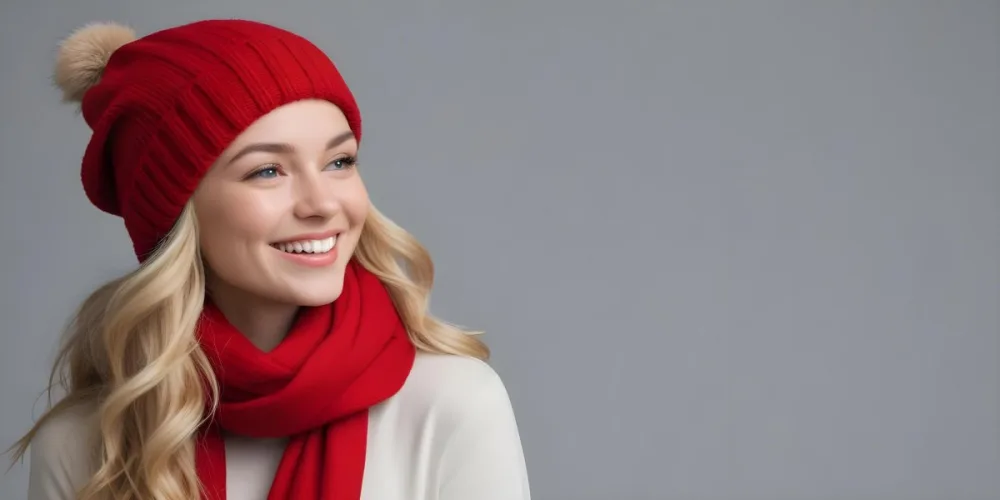 Blonde Woman In Her 20s With Fair Skin Wearing A Red Knit Beanie And A Matching Red Scarf Smiling Brightly Against A Gray Background 64 9f84
