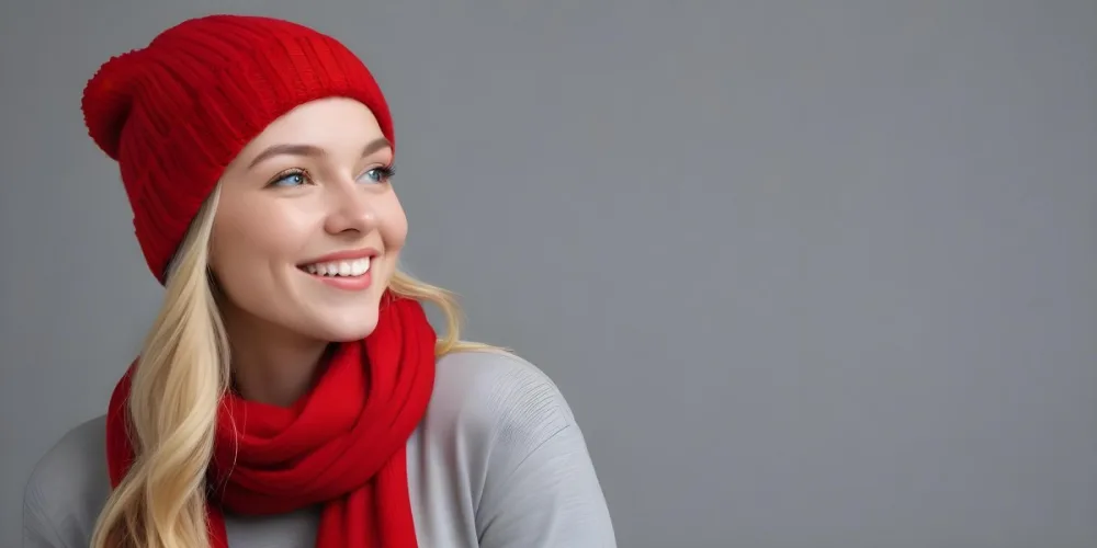 Blonde Woman In Her 20s With Fair Skin Wearing A Red Knit Beanie And A Matching Red Scarf Smiling Brightly Against A Gray Background 71 5e52
