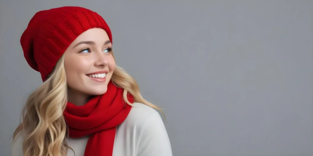 Blonde Woman In Her 20s With Fair Skin Wearing A Red Knit Beanie And A Matching Red Scarf Smiling Brightly Against A Gray Background 77 Aaba