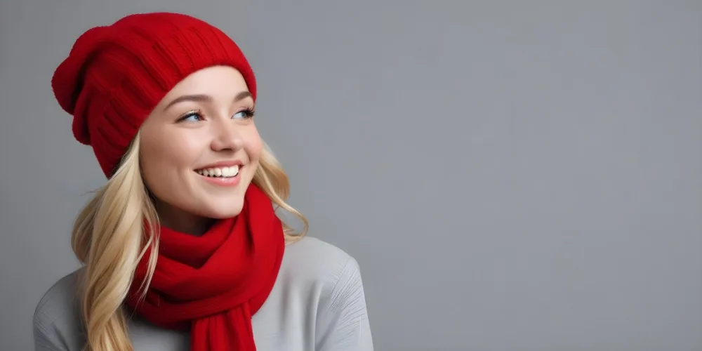 Blonde Woman In Her 20s With Fair Skin Wearing A Red Knit Beanie And A Matching Red Scarf Smiling Brightly Against A Gray Background 80 F9fa