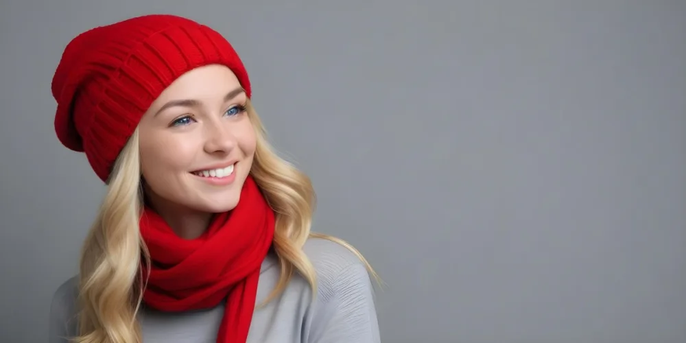 Blonde Woman In Her 20s With Fair Skin Wearing A Red Knit Beanie And A Matching Red Scarf Smiling Brightly Against A Gray Background 91 399c
