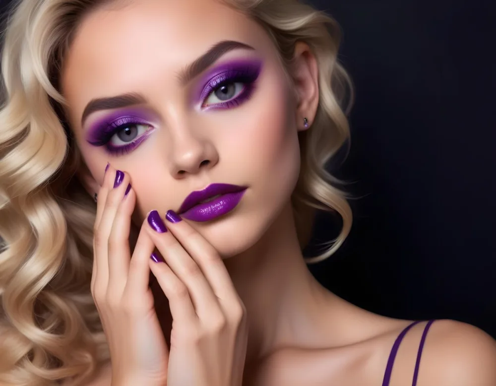 Blonde Woman In Her 20s With Light Skin And Wavy Hair Wearing Bold Purple Eye Makeup And Glossy Purple Nail Polish Posing With Her Hands Near Her Face Against A Dark Background 1 84b0
