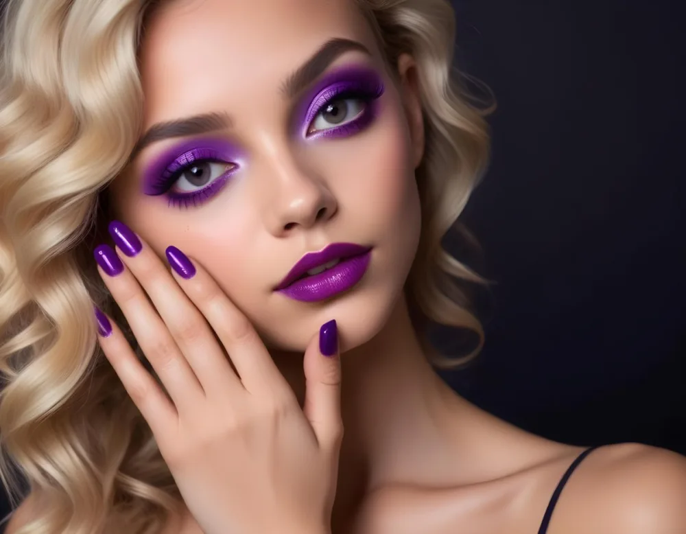 Blonde Woman In Her 20s With Light Skin And Wavy Hair Wearing Bold Purple Eye Makeup And Glossy Purple Nail Polish Posing With Her Hands Near Her Face Against A Dark Background 2 0b9f