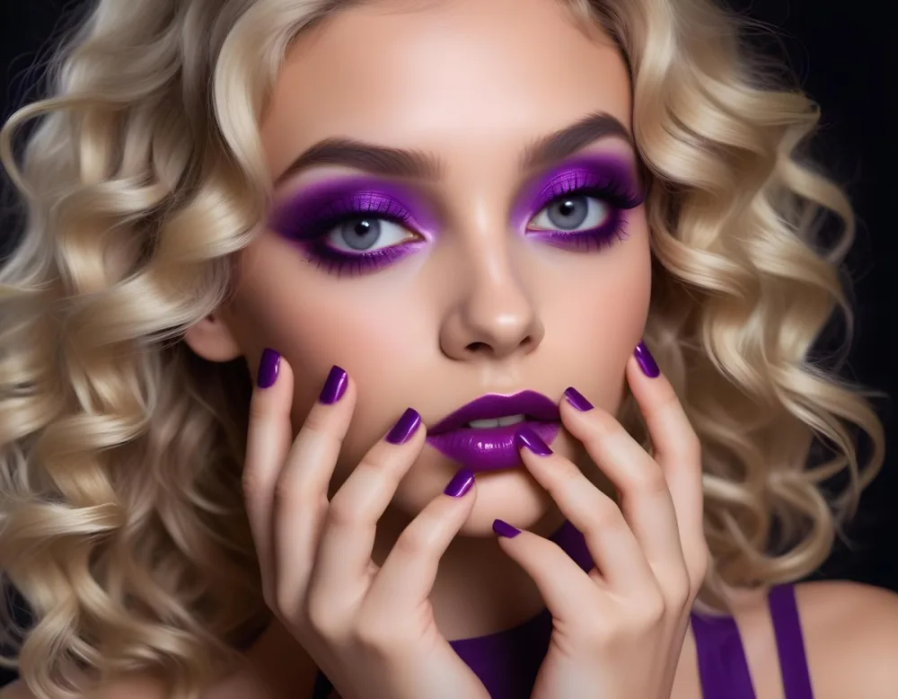 Blonde Woman In Her 20s With Light Skin And Wavy Hair Wearing Bold Purple Eye Makeup And Glossy Purple Nail Polish Posing With Her Hands Near Her Face Against A Dark Background 3 D2d6