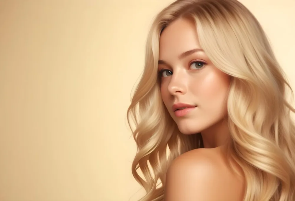 Blonde Woman With Fair Skin Approximately 20 Years Old Featuring Long Wavy Hair She Has A Subtle Glow On Her Skin And Is Looking Over Her Shoulder The Background Is A Soft Warm Beige Color 11 3e14