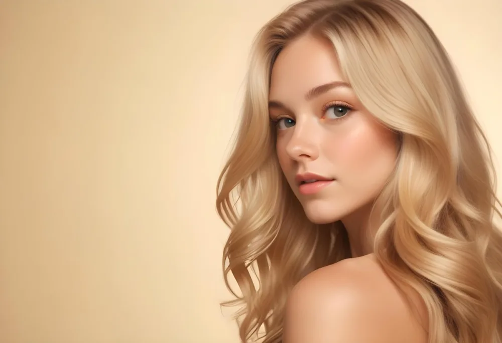 Blonde Woman With Fair Skin Approximately 20 Years Old Featuring Long Wavy Hair She Has A Subtle Glow On Her Skin And Is Looking Over Her Shoulder The Background Is A Soft Warm Beige Color 13 9973